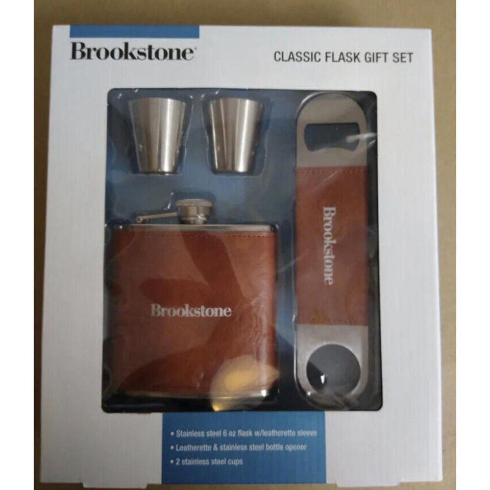 NEW Brookstone Flask Set Letherette 6oz Stainless Steel 2 Shot & Bottle Opener